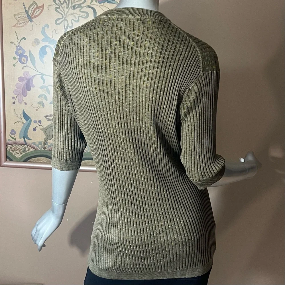 Baracuta 100% Silk Sweater Top Olive Green Ribbed Soft & Stretchy Size LARGE
